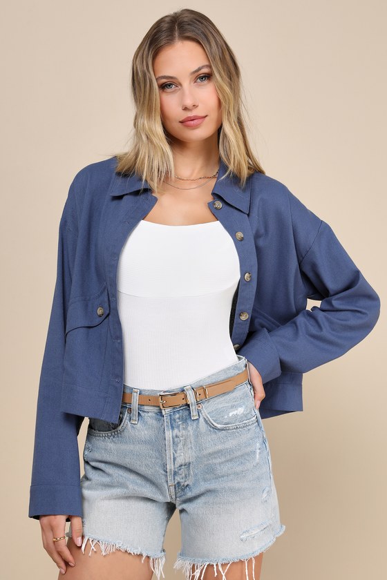Competent Cutie Blue Linen Cropped Collared Chore Jacket 1