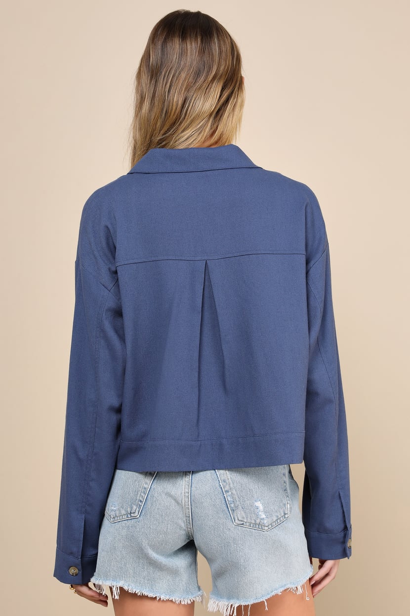 Blue Linen Cropped Jacket - Collared Jacket - Linen Chore Jacket 