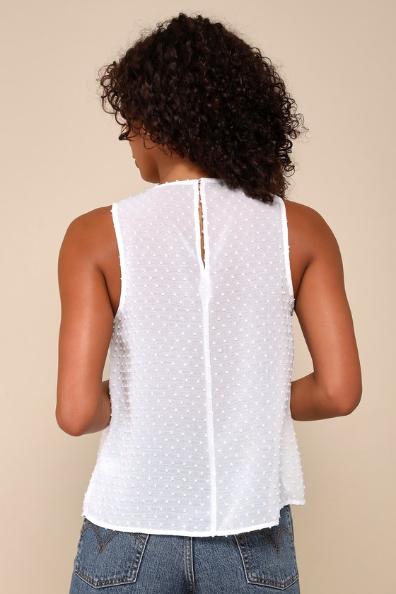 White Ruffled Top - Swiss Dot Top - Ruffled Sleeveless Top