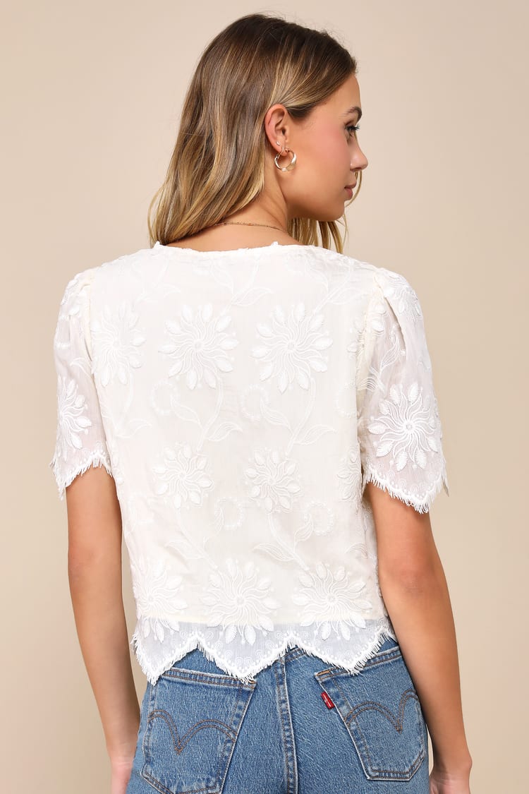 Vintage Aesthetic Ivory Embroidered Tie-Front Fringe Hem Top