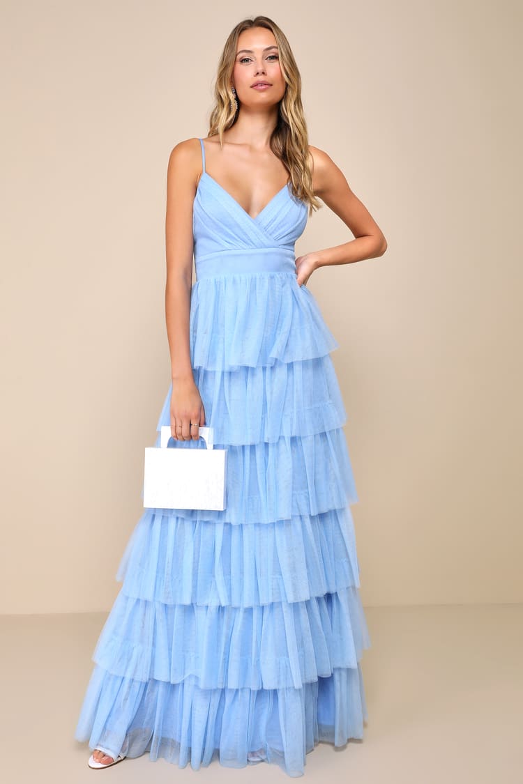 Light Blue Tulle Surplice Tiered Maxi Dress | Womens | 3X (Available in XS, S, M) | 100% Polyester