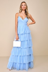 Rule the Runway Light Blue Tulle Surplice Tiered Maxi Dress 1
