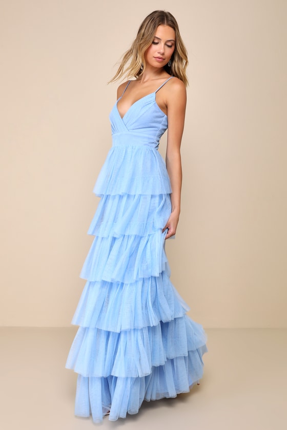 Lulus Rule The Runway Light Blue Tulle Surplice Tiered Maxi Dress In Light Blue
