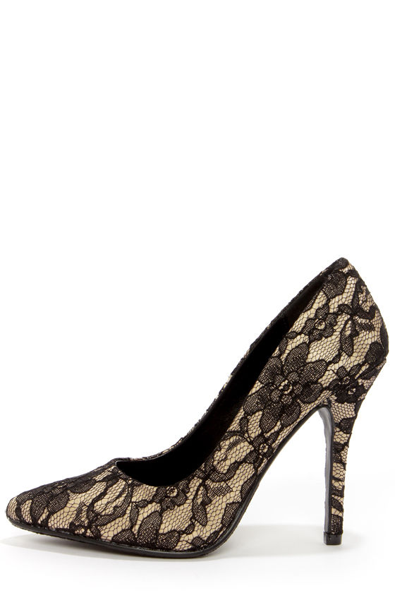 Sexy Lace Heels - Pointed Pumps - Black Heels - Beige Heels - $28.00 - Lulus