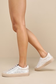 Sienna Silver Snake-Embossed Flatform Lace-Up Sneakers