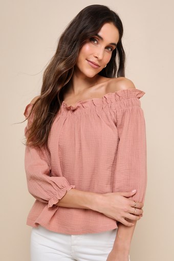 Sweet One Rusty Rose Off-the-Shoulder Three-Quarter Sleeve Top