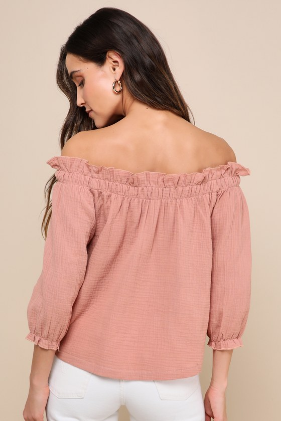Rusty Rose Blouse - Off-the-Shoulder Top - 3/4 Sleeve OTS top - Lulus