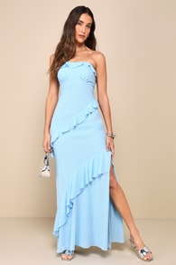 Dramatic Allure Light Blue Ruffled Cutout Strapless Maxi Dress