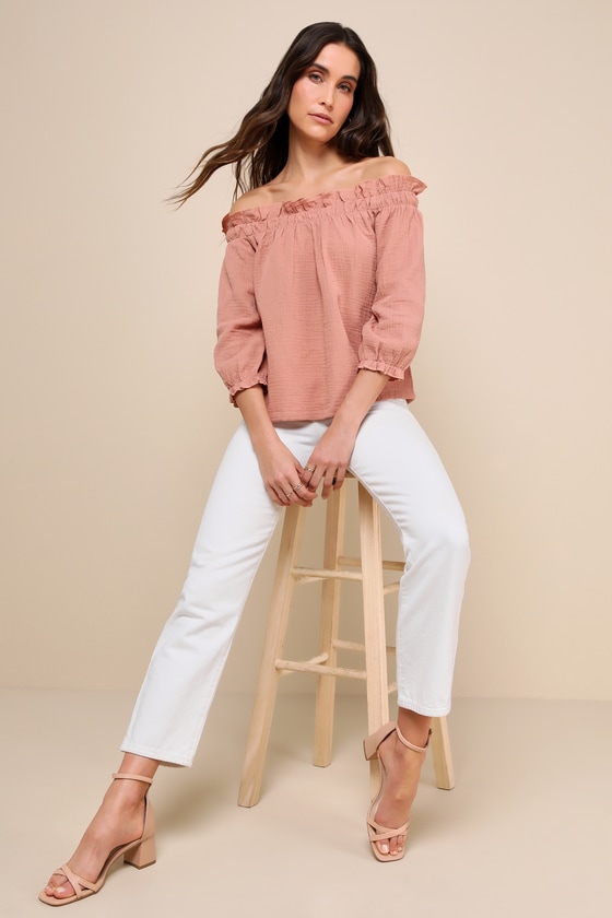 Rusty Rose Blouse - Off-the-Shoulder Top - 3/4 Sleeve OTS top - Lulus