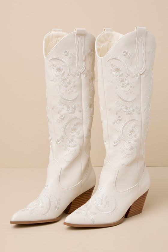 Zakai Ivory Embroidered Knee-High Slip-On Western Boots 2