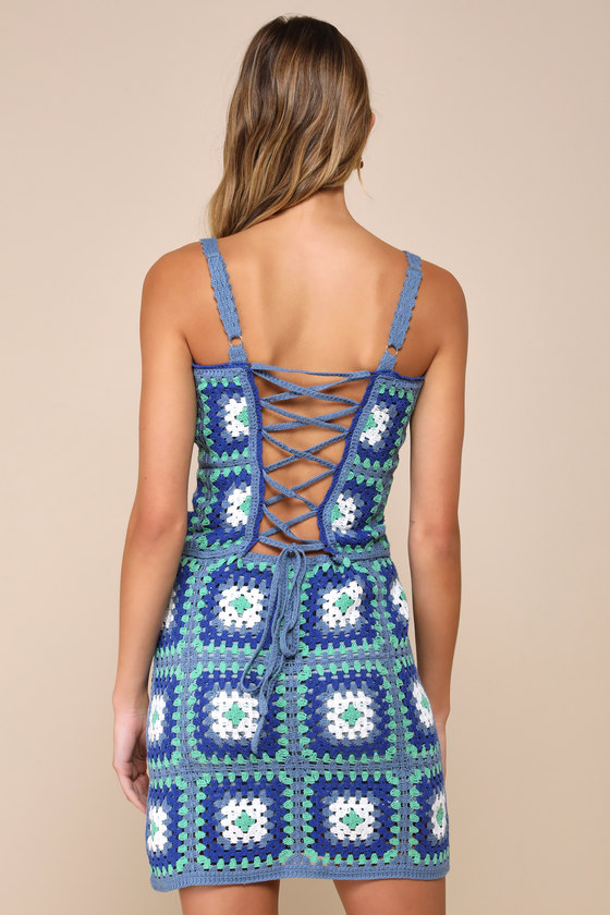 Lulus Trendsetting Charm Blue Crochet Lace-up Sleeveless Mini Dress In Blue