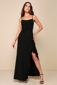Memorable Evening Black Ruffled Backless Maxi Dress