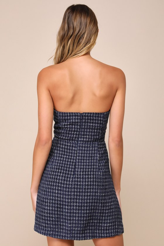 Posh Desires Navy Blue Boucle Tweed Strapless Mini Dress