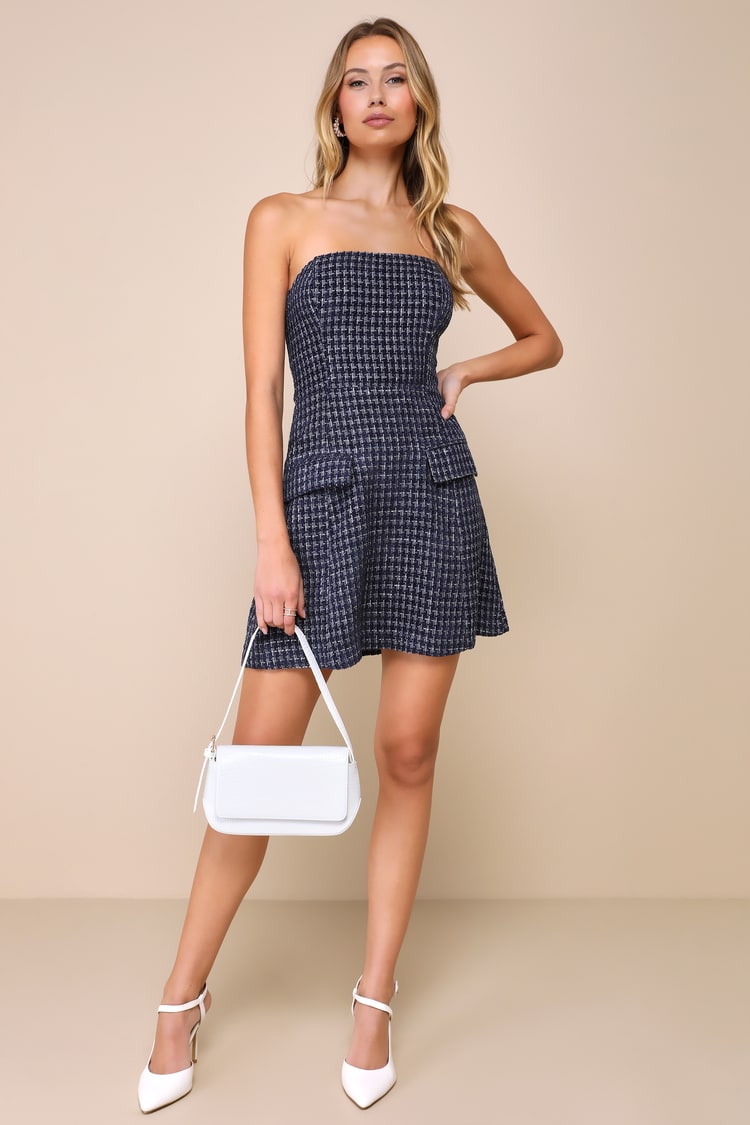 Navy Blue Boucle Dress - Tweed Strapless Mini Dress - Mini Dress - Lulus