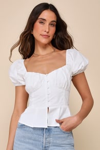 Admirable Poise White Button-Up Puff Sleeve Peplum Top