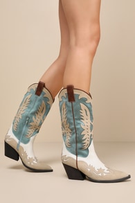 Elinoah Blue Color Block Pointed-Toe Mid-Calf Western Boots