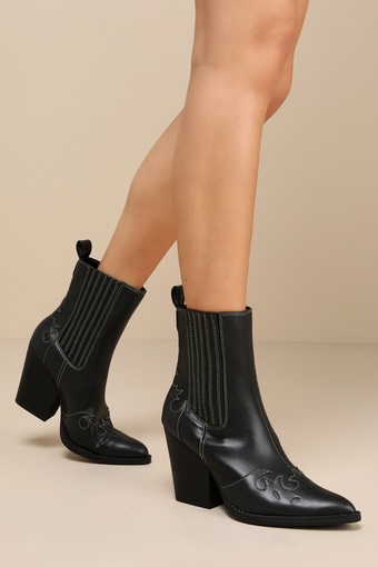 Brextin Black Pointed-Toe Ankle-High Western Boots