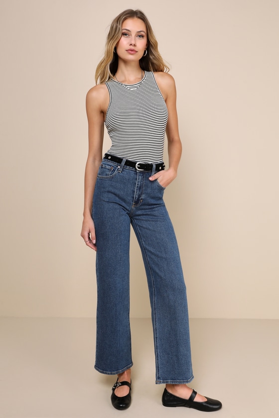 Ribbed Striped Cap Sleeve Bodysuit in White/Black
