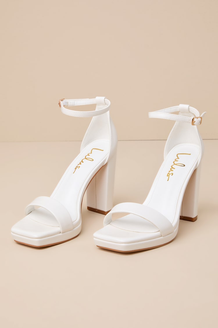 Signie White Square-Toe Platform Ankle Strap Heels