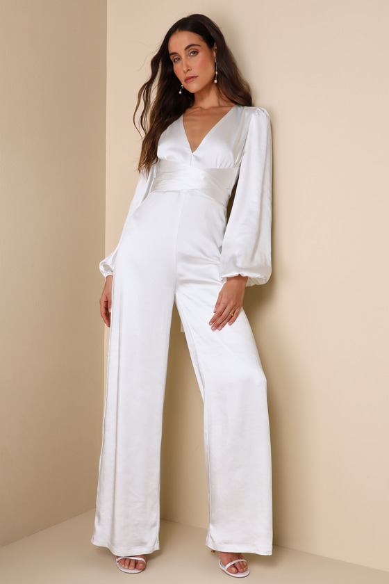 Shop Lulus Sensational Evening White Satin Tie-front Long Sleeve Jumpsuit
