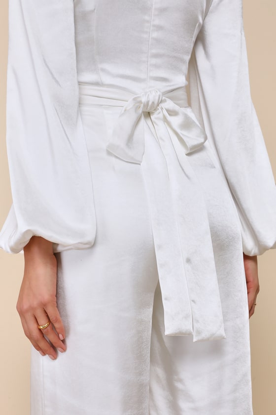 Shop Lulus Sensational Evening White Satin Tie-front Long Sleeve Jumpsuit