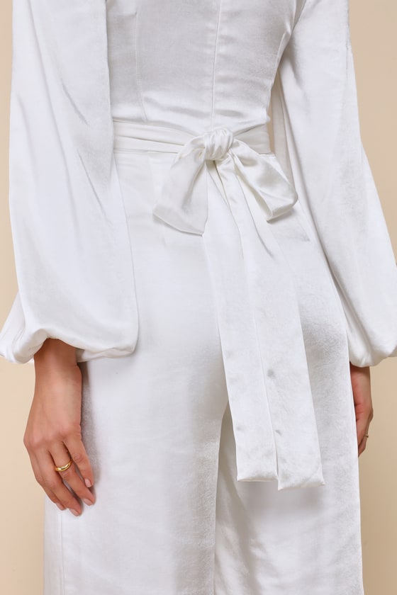 Sensational Evening White Satin Tie-Front Long Sleeve Jumpsuit 4