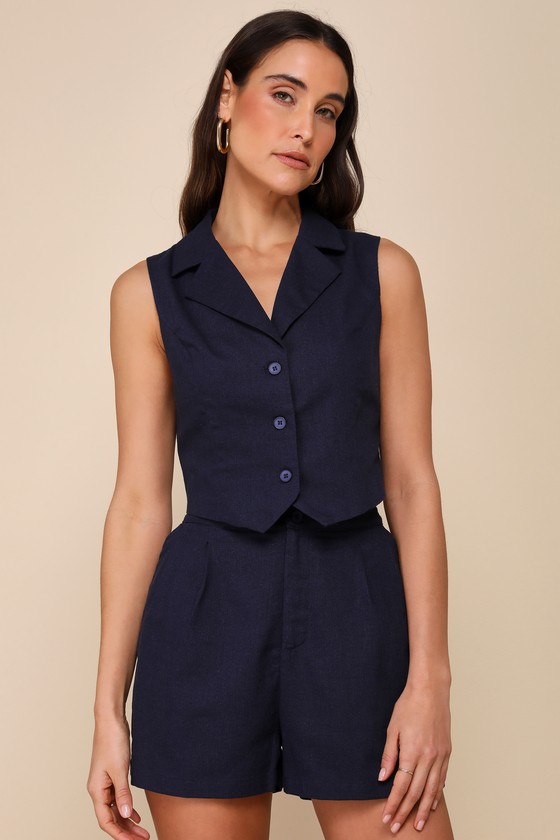 Charismatic Entrance Navy Blue Linen High Waisted Shorts 5