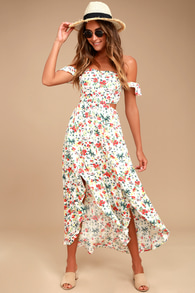 Easy on the Eyes Cream Floral Print Off-the-Shoulder Maxi Dress