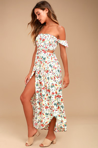 Easy on the Eyes Cream Floral Print Off-the-Shoulder Maxi Dress