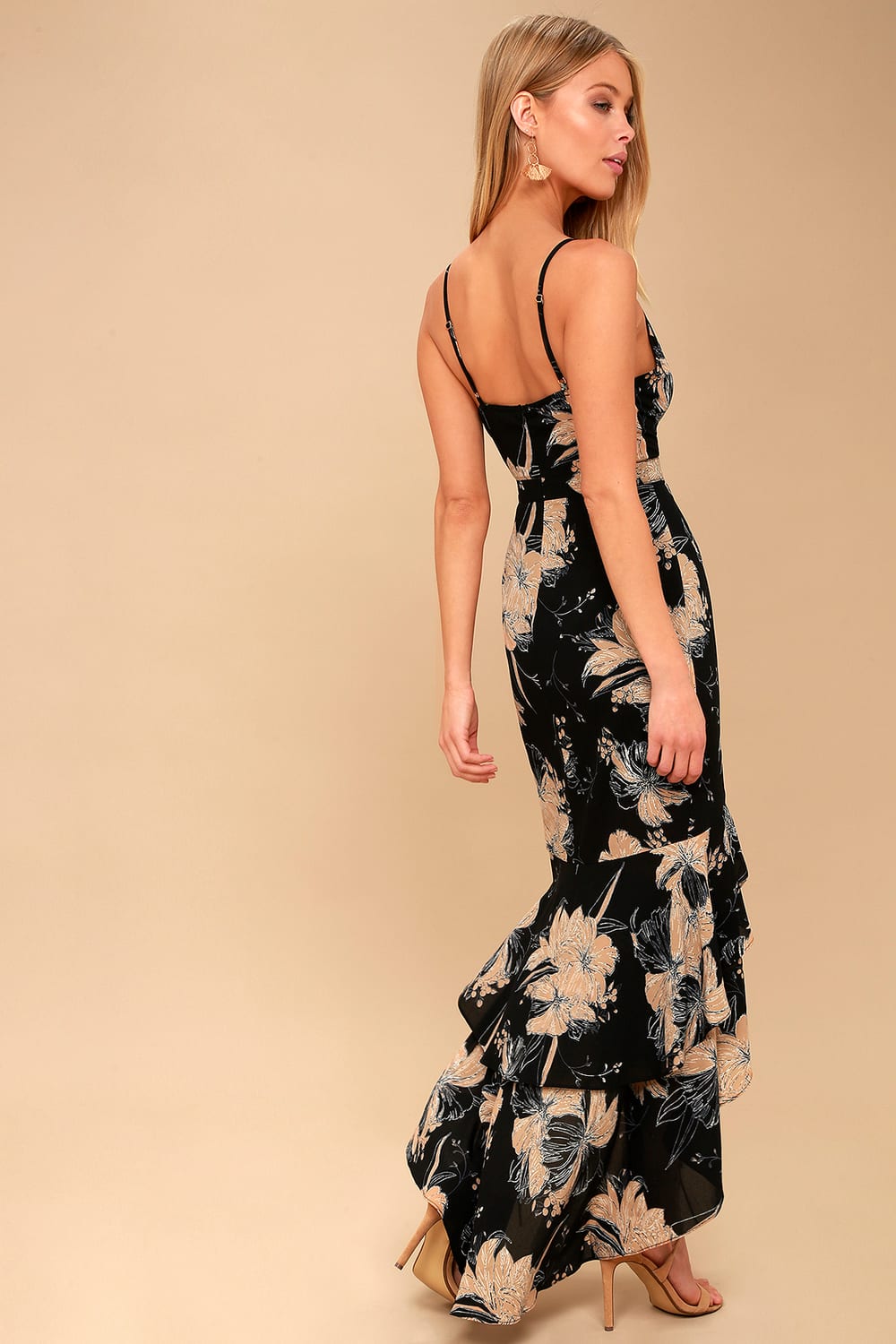 Darling Daylily Black Floral Print High-Low Maxi Dress