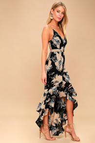 Darling Daylily Black Floral Print High-Low Maxi Dress 2