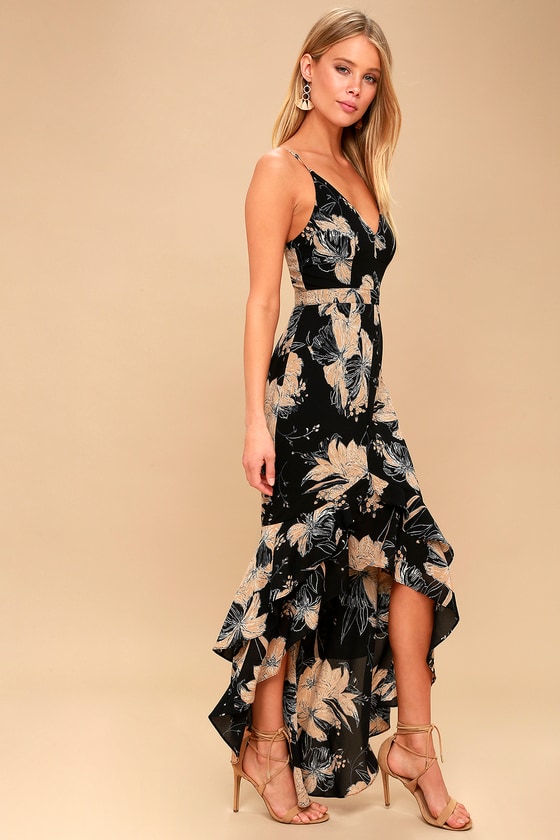 Darling Daylily Black Floral Print High-Low Maxi Dress 2