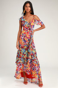 Radiant Ruby Red Floral Print Chiffon Maxi Dress 1