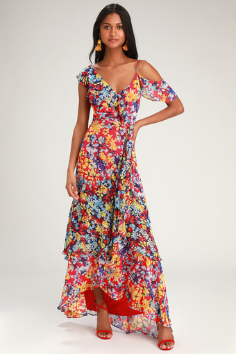 Radiant Ruby Red Floral Print Chiffon Maxi Dress 1