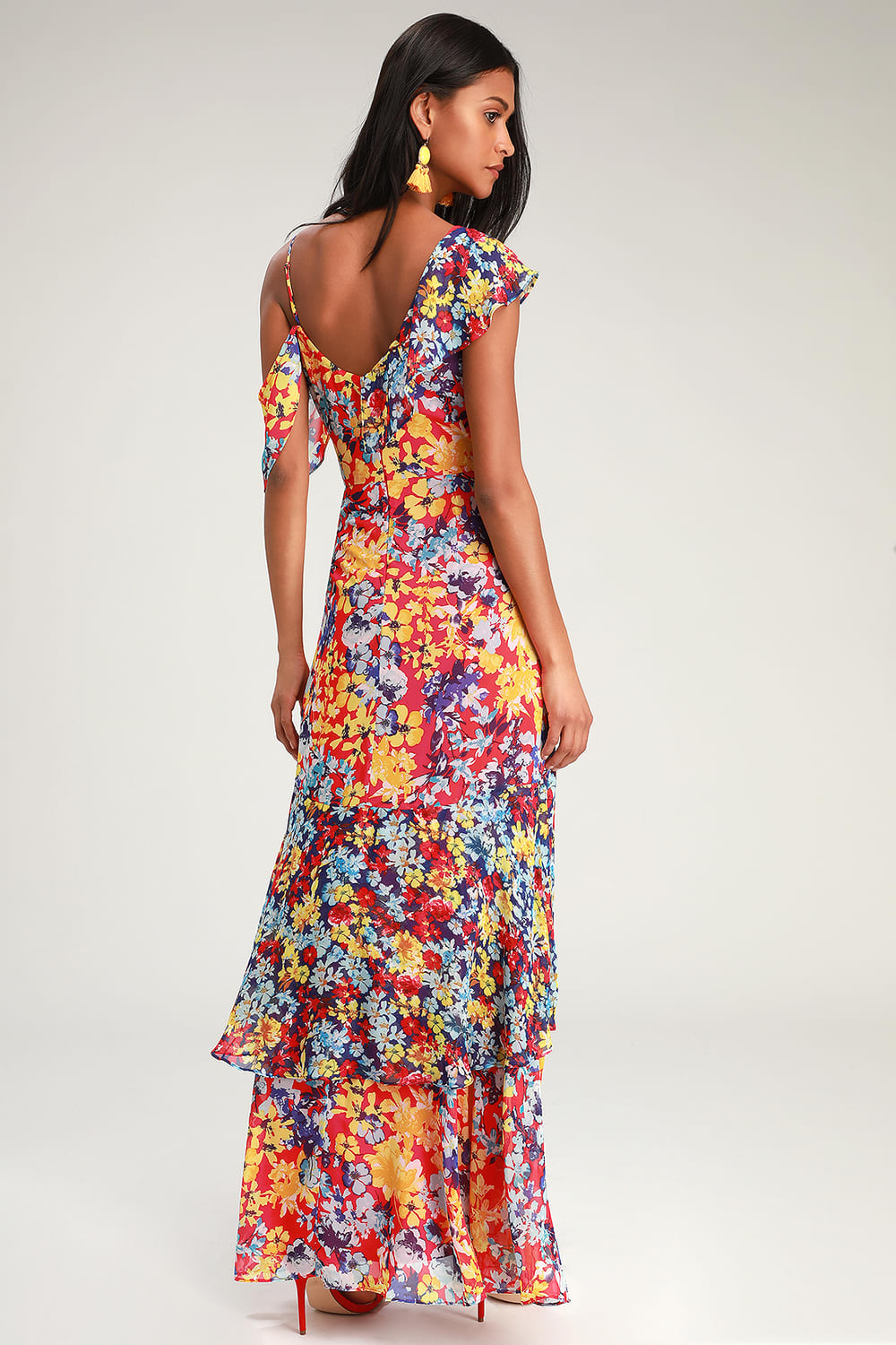 Radiant Ruby Red Floral Print Chiffon Maxi Dress