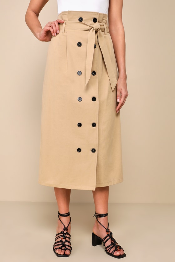Edgy Appeal Khaki Twill Pleated Button-Front Midi Skirt 2