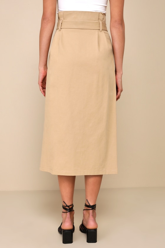 Khaki Twill Skirt - Pleated Button-Front Skirt - Twill Midi