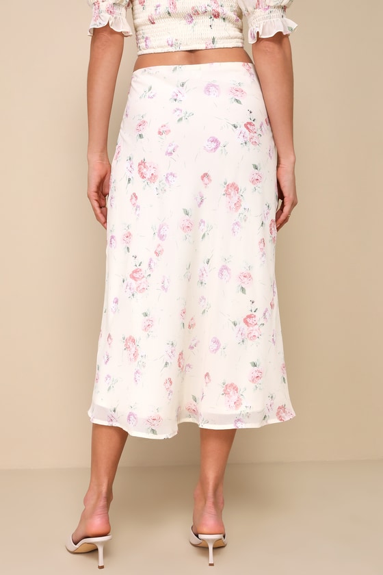 Cream Floral Print Eyelet Tiered Midi Skirt