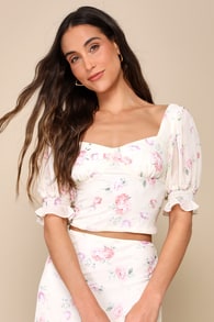 Cherished Perfection Cream Floral Print Puff Sleeve Crop Top