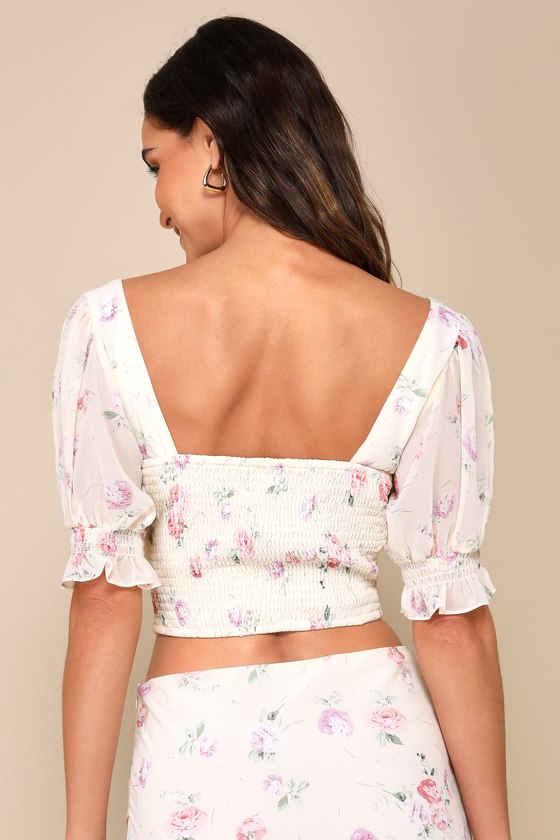 Shop Lulus Cherished Perfection Cream Floral Print Puff Sleeve Crop Top In White