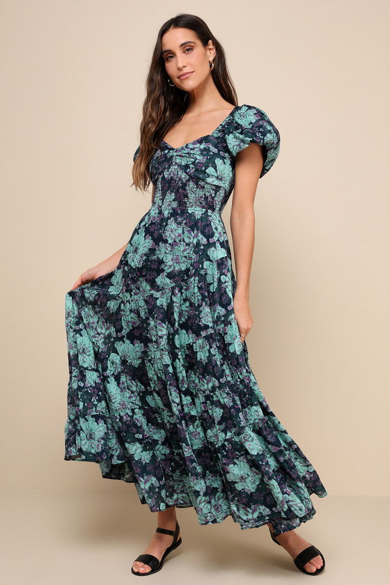 Shop Free People Sundrenched Teal Multi Floral Puff Sleeve Tiered Maxi Dress