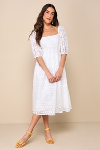 Darling Entrance White Eyelet Embroidered Puff Sleeve Midi Dress