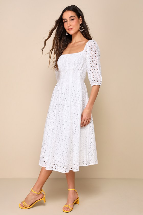 Darling Entrance White Eyelet Embroidered Puff Sleeve Midi Dress 3