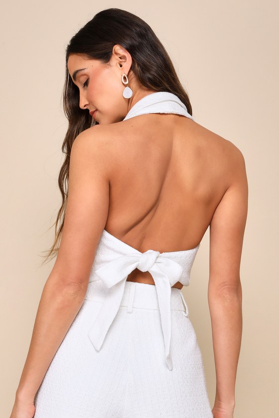 Looking Posh White Tweed Backless Cropped Halter Vest Top