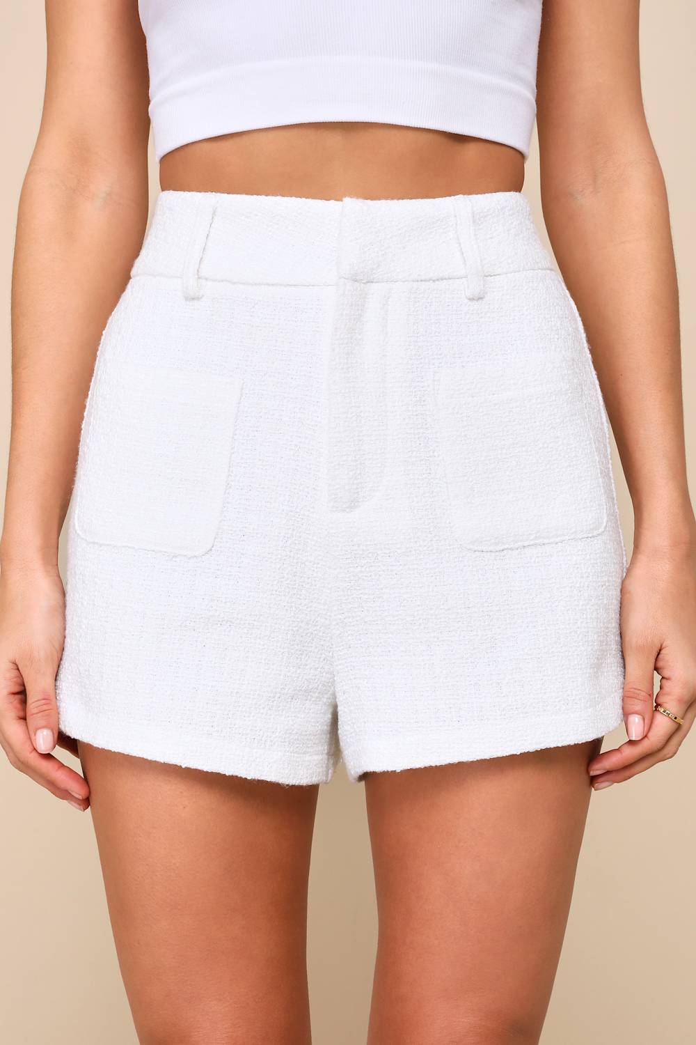 Looking Posh White Tweed High Rise Shorts