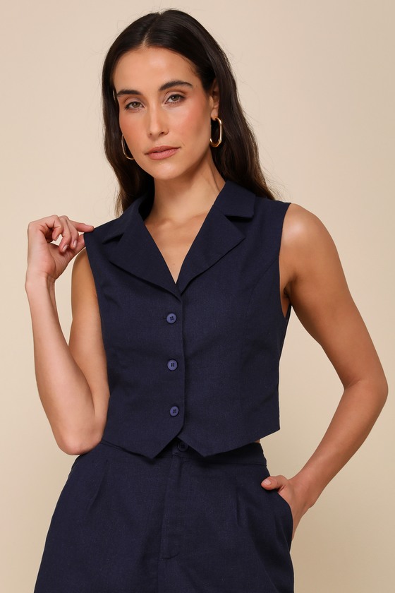 Charismatic Entrance Navy Blue Linen Collared Vest Top 4