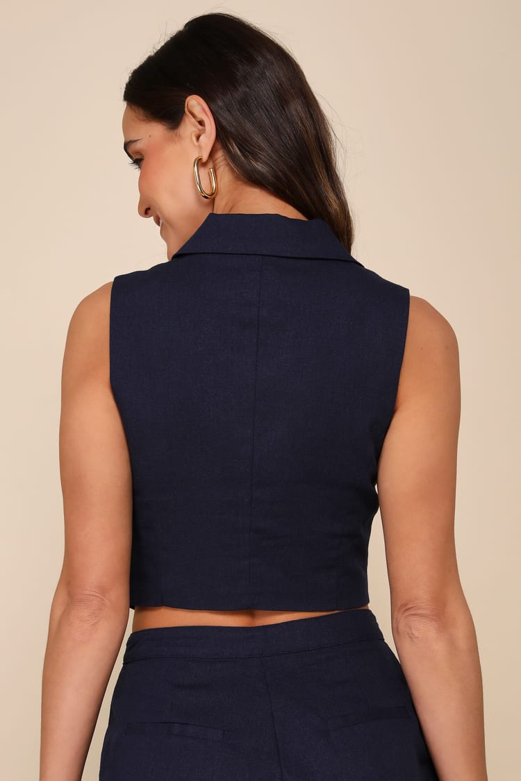 Charismatic Entrance Navy Blue Linen Collared Vest Top