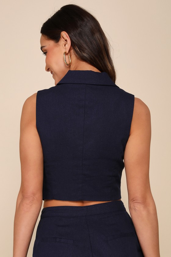 Navy Blue Linen Vest Collared Vest Top Cropped Linen Vest Top Lulus