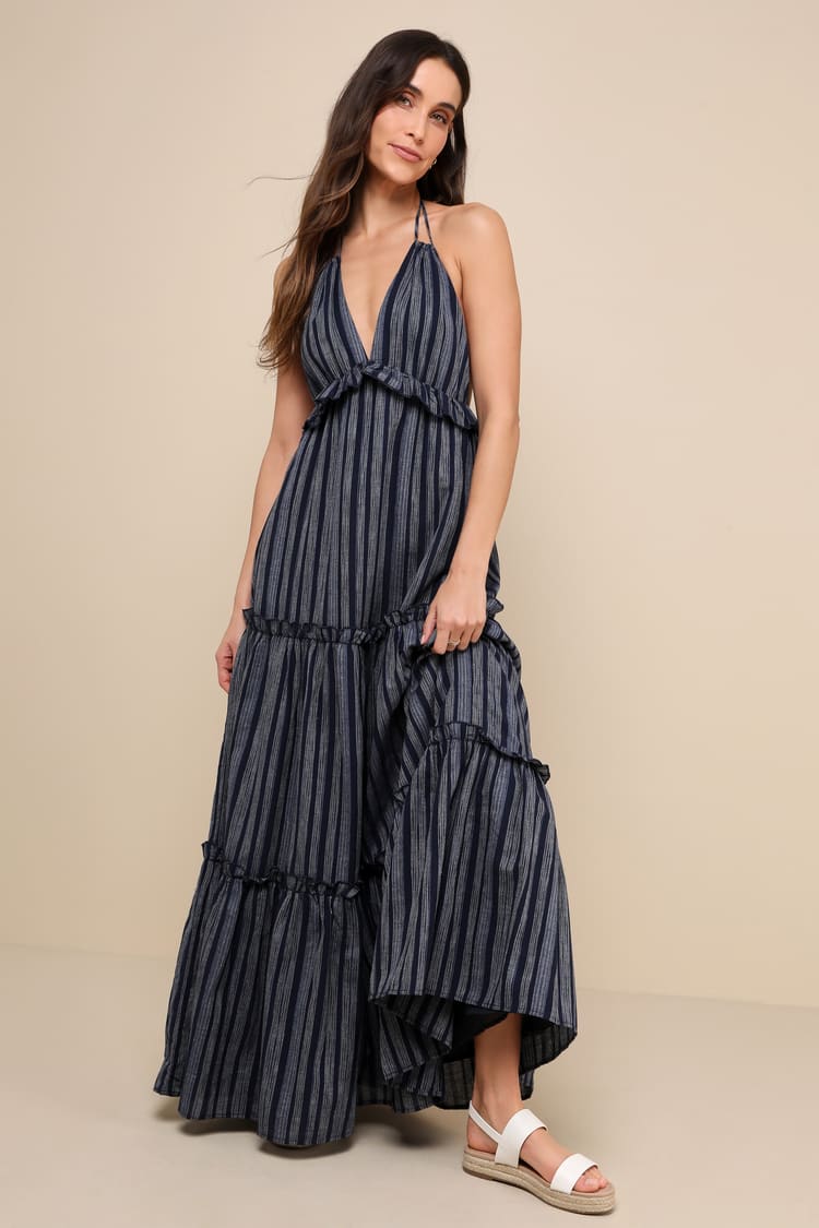 Vacay Babe Navy Blue Striped Halter Maxi Dress