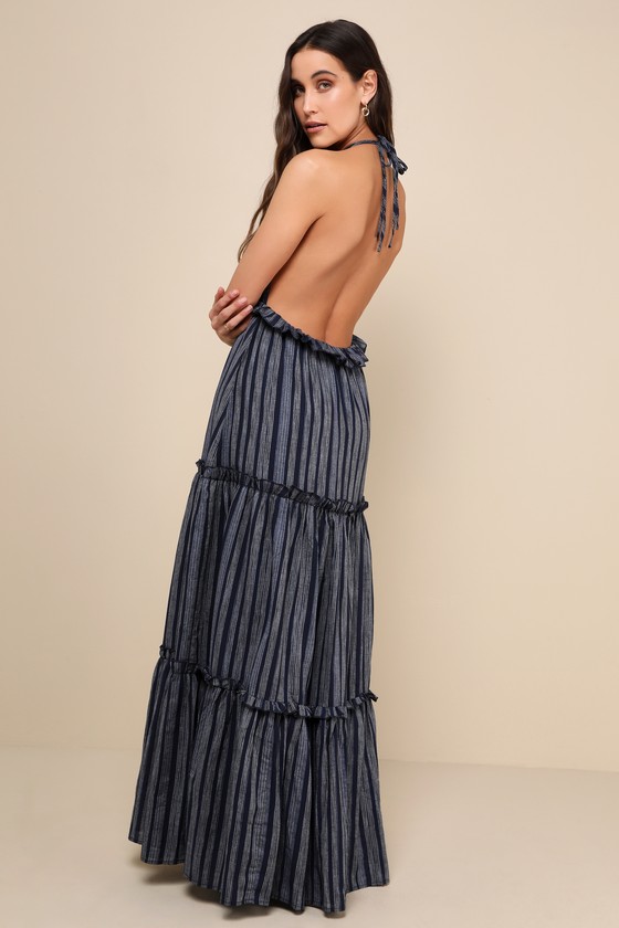 Vacay Babe Navy Blue Striped Halter Maxi Dress 11